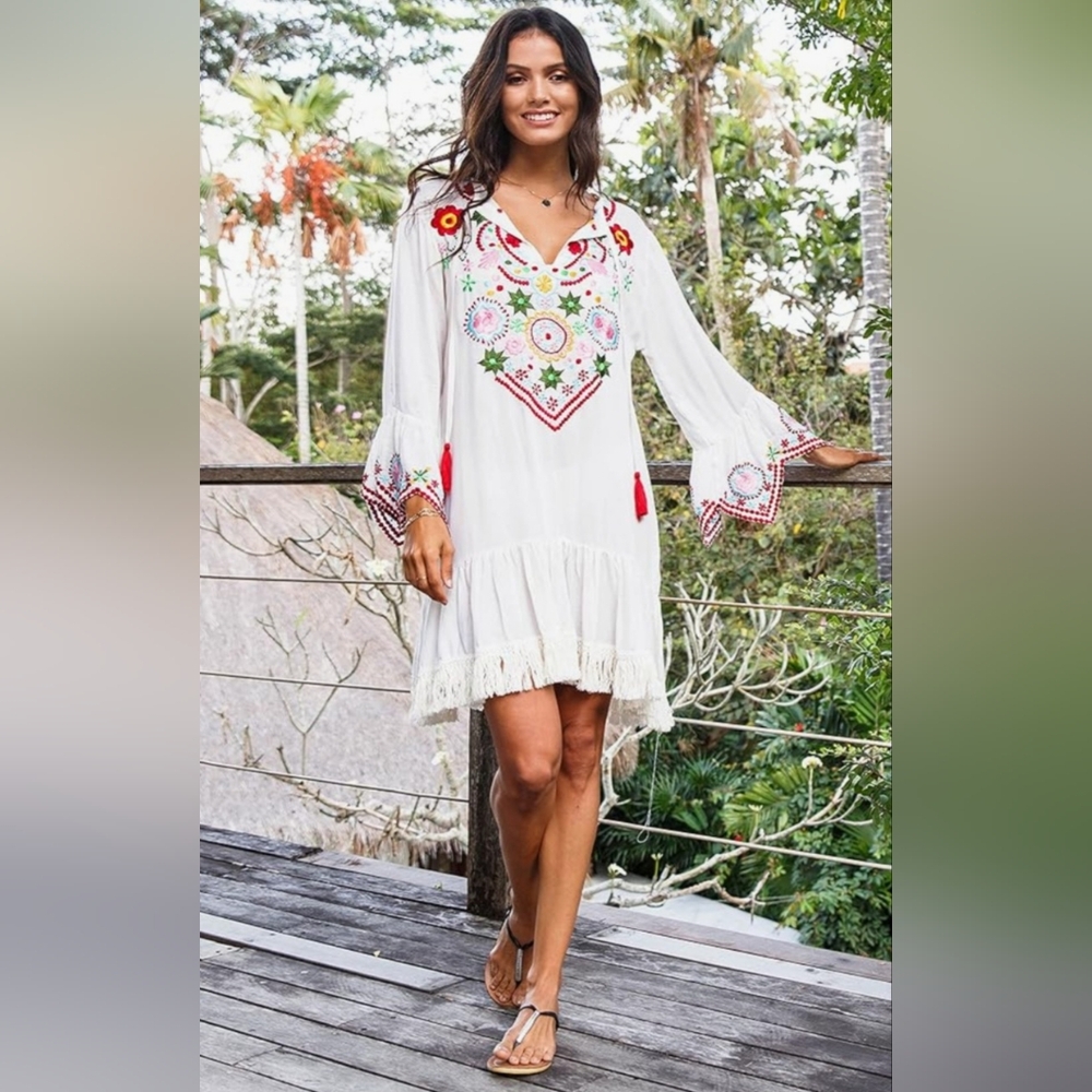 Boho Embroidered Tunic Mini Dress